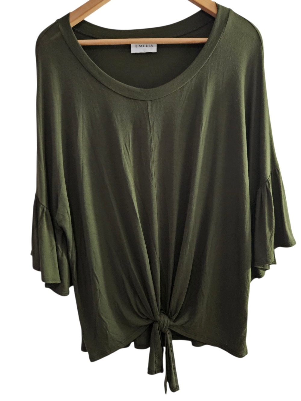 Emelia Olive Green Tie-Front Ruffle Sleeve Blouse Flutter Sleeve Boho